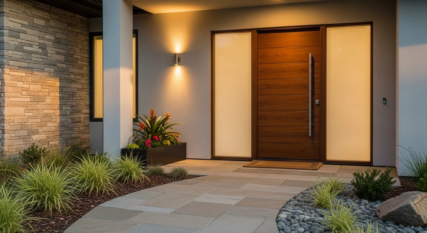 Einladende, elegante Eingangstür eines Bungalows