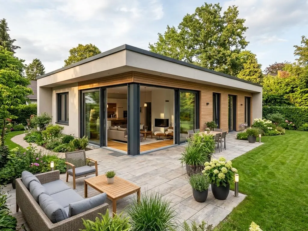 Terrassenzugang eines 100-qm-Bungalows zum Garten