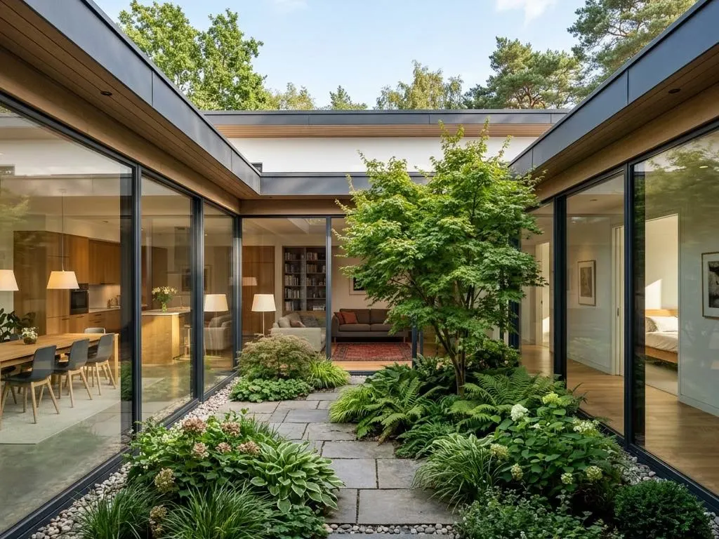 Zentraler Innenhof eines 200-qm-Atrium-Bungalows